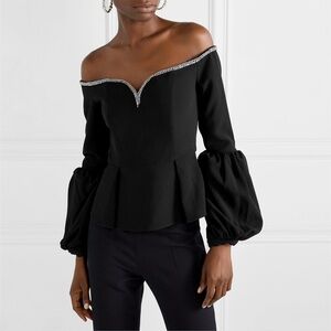 Self-Portrait Black Rhinestone Puff Sleeve Asymmetrical Blouse size 2 US Small